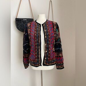 Vintage Made in Japan Saxton Hall Velvet Floral Peacock Boho Jacket, Size 13/14